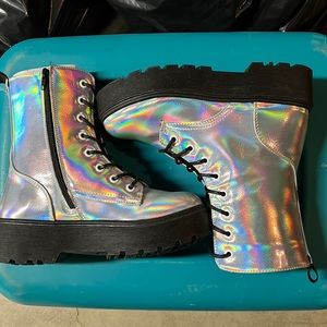 LAST MARKDOWN:SILVER IRIDESCENT PLATFORM BOOTS SZ 7, NWOT, NEVER WORN